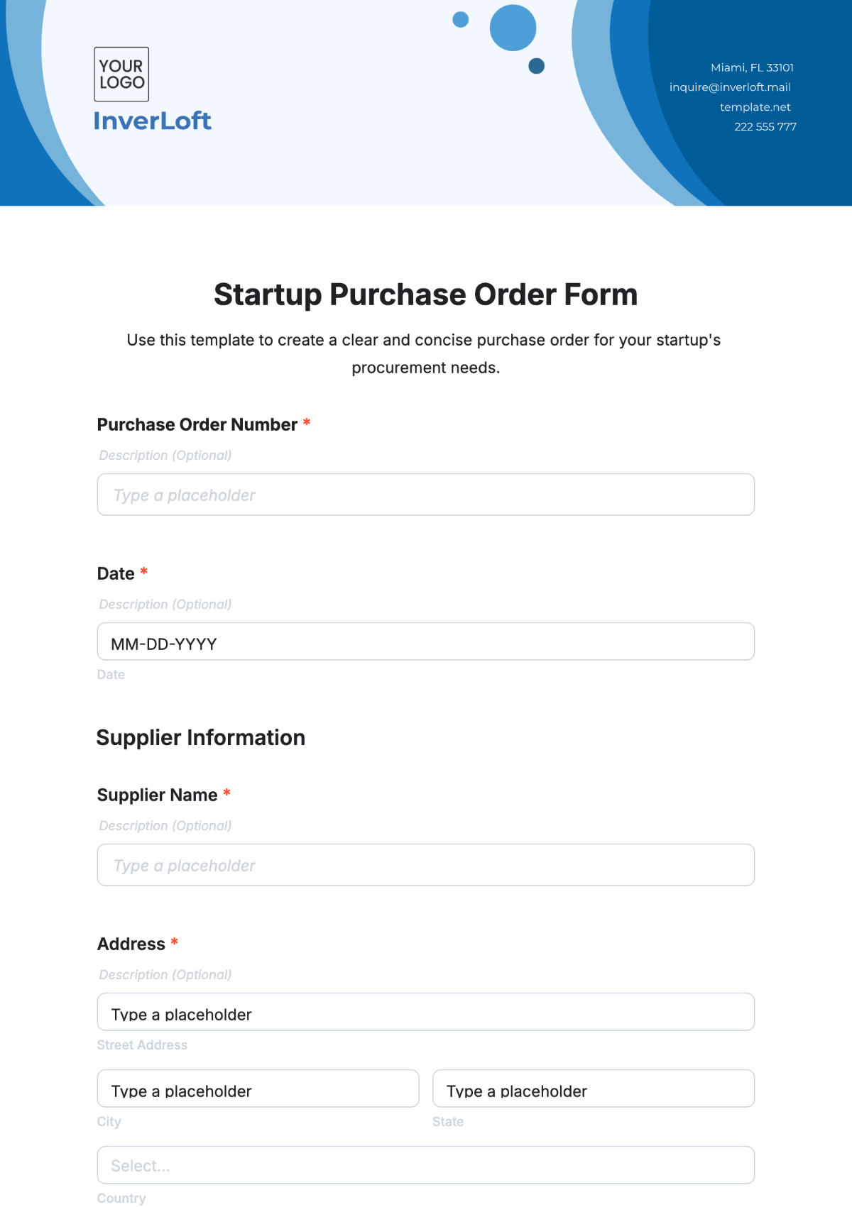 Free Startup Purchase Order Form Template to Edit Online