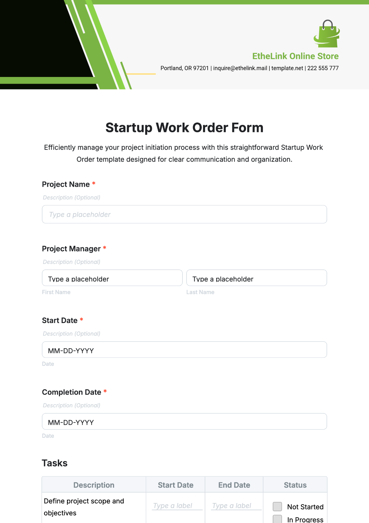 Free Startup Work Order Form Template to Edit Online