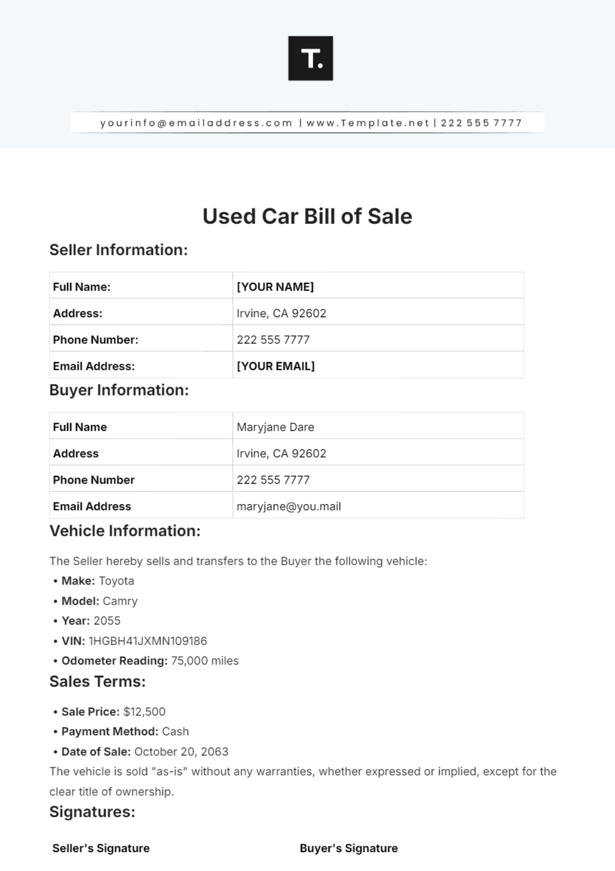 Used Car Bill of Sale Template
